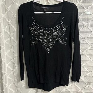 Rock & Republic Womens Black Studded Rhinestone Scoop Neck Long Sleeve XS